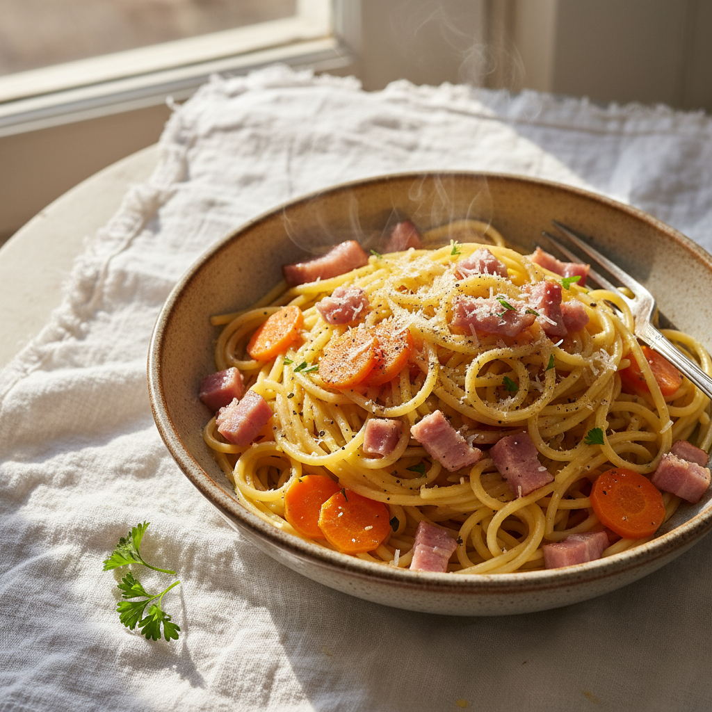 Pâtes à la carbonara revisitée avec carottes