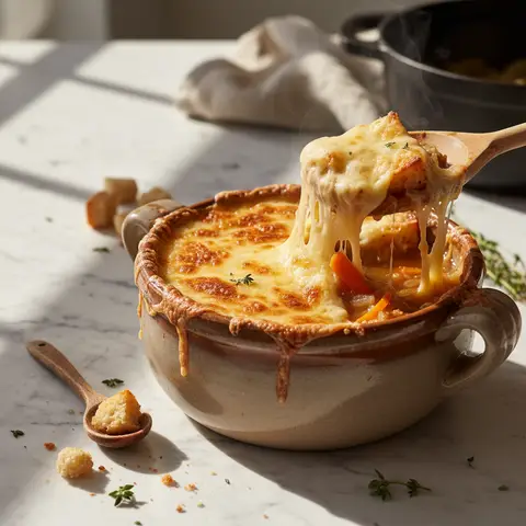 Überbackene Zwiebel Suppe