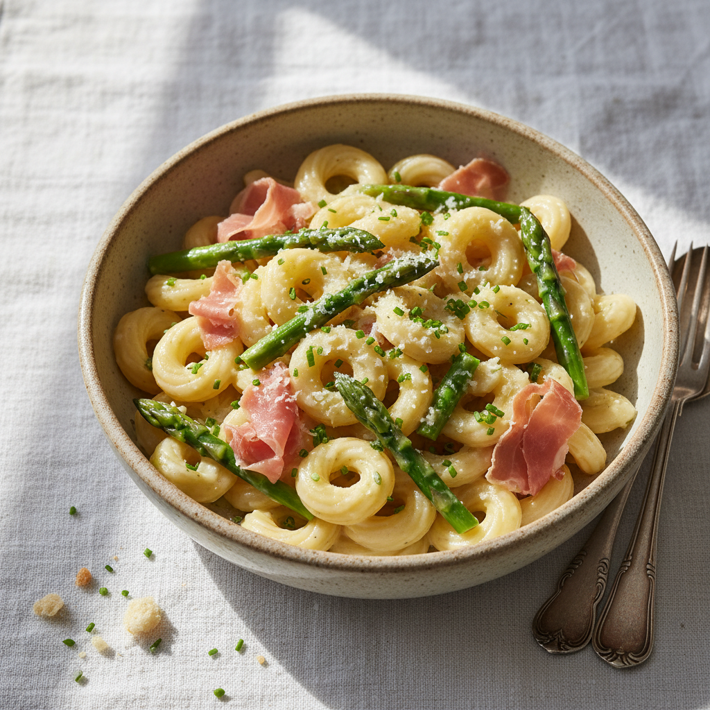 Pâtes Crémées aux Asperges, Jambon et Crème
