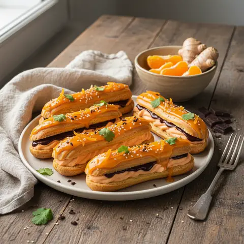 Asiatischer Eclair mit Möhren, Schokolade und Orange