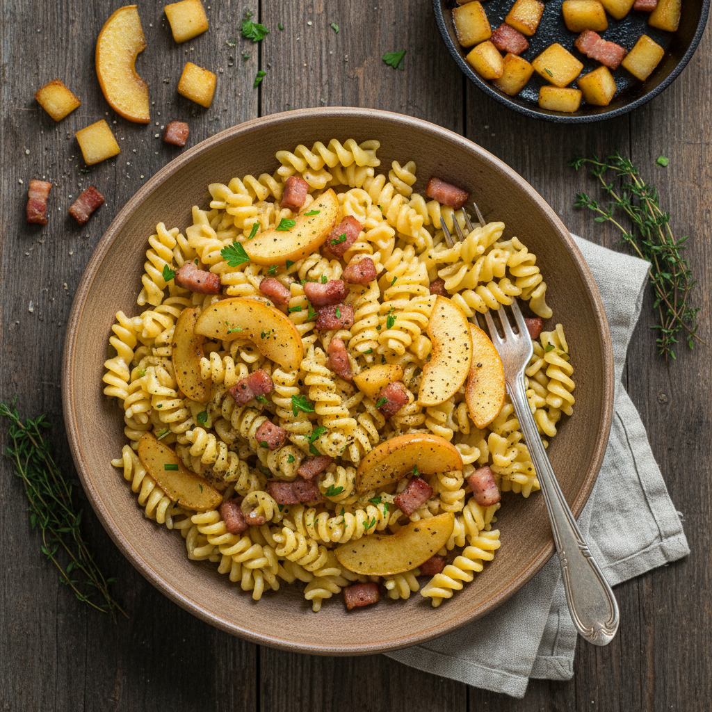 Pâtes à la carbonara de pommes avec lardons