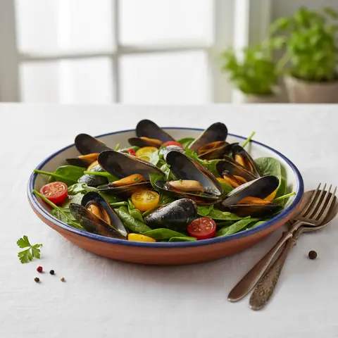Warm Mussel Salad with Spinach