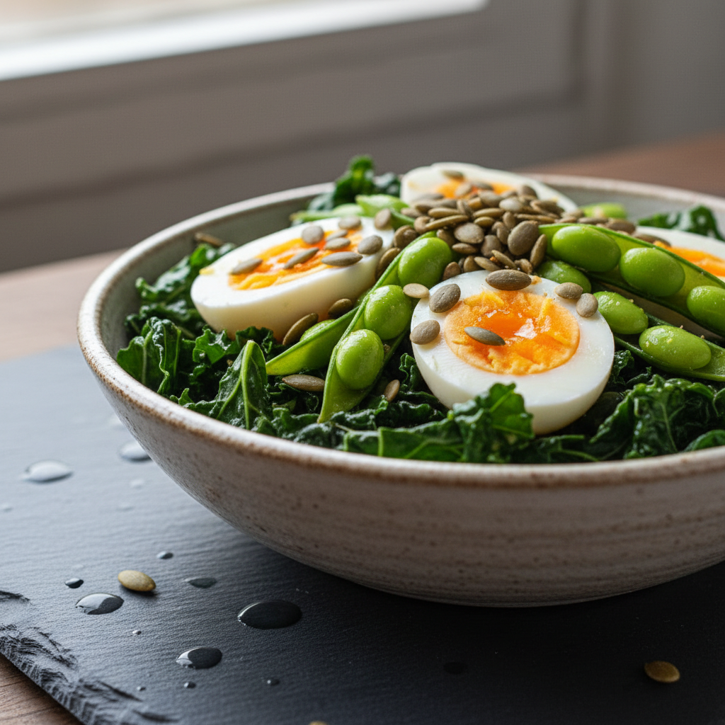 Bowl scandinave aux œufs et edamame sur lit de chou kale