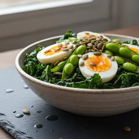 Scandinavian Bowl with Eggs and Edamame on Kale