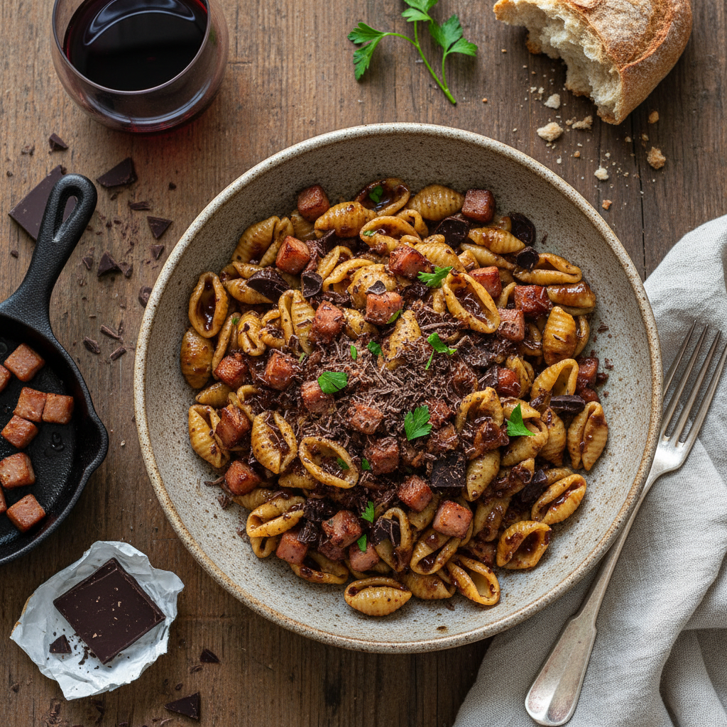 Pâtes au Jambon et Chocolat Noir (Recette Italienne Revisitée)