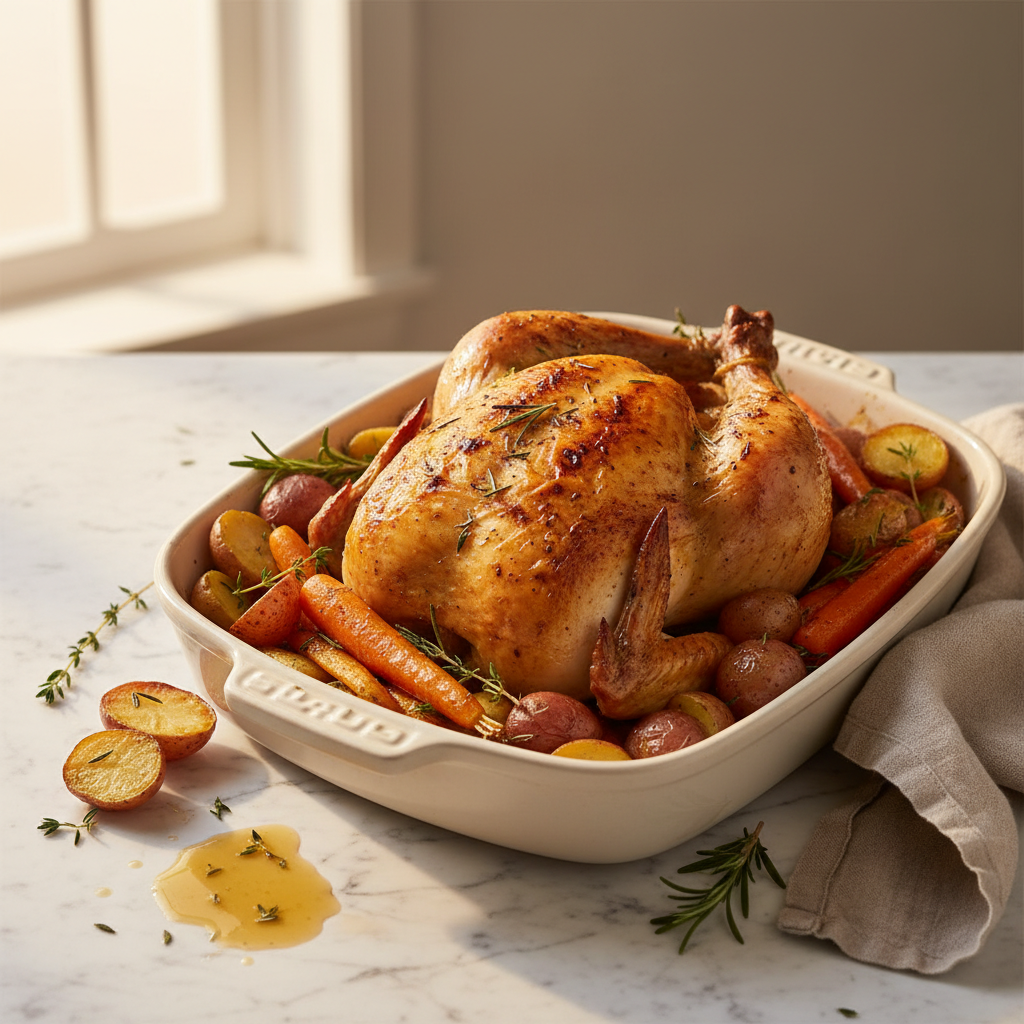 Poulet rôti aux carottes et pommes de terre