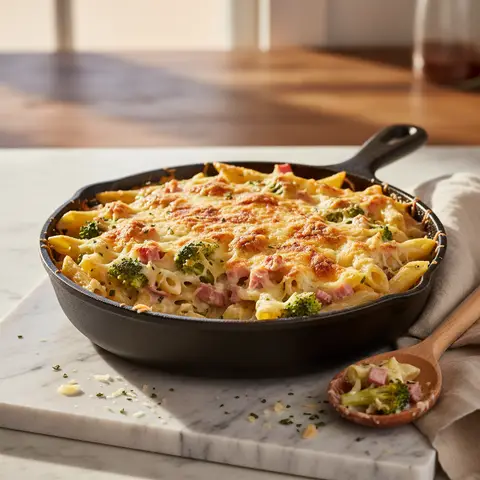 Nudel-Gratin mit Schinken und Brokkoli