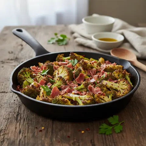 Roasted Broccoli and Cauliflower with Ham