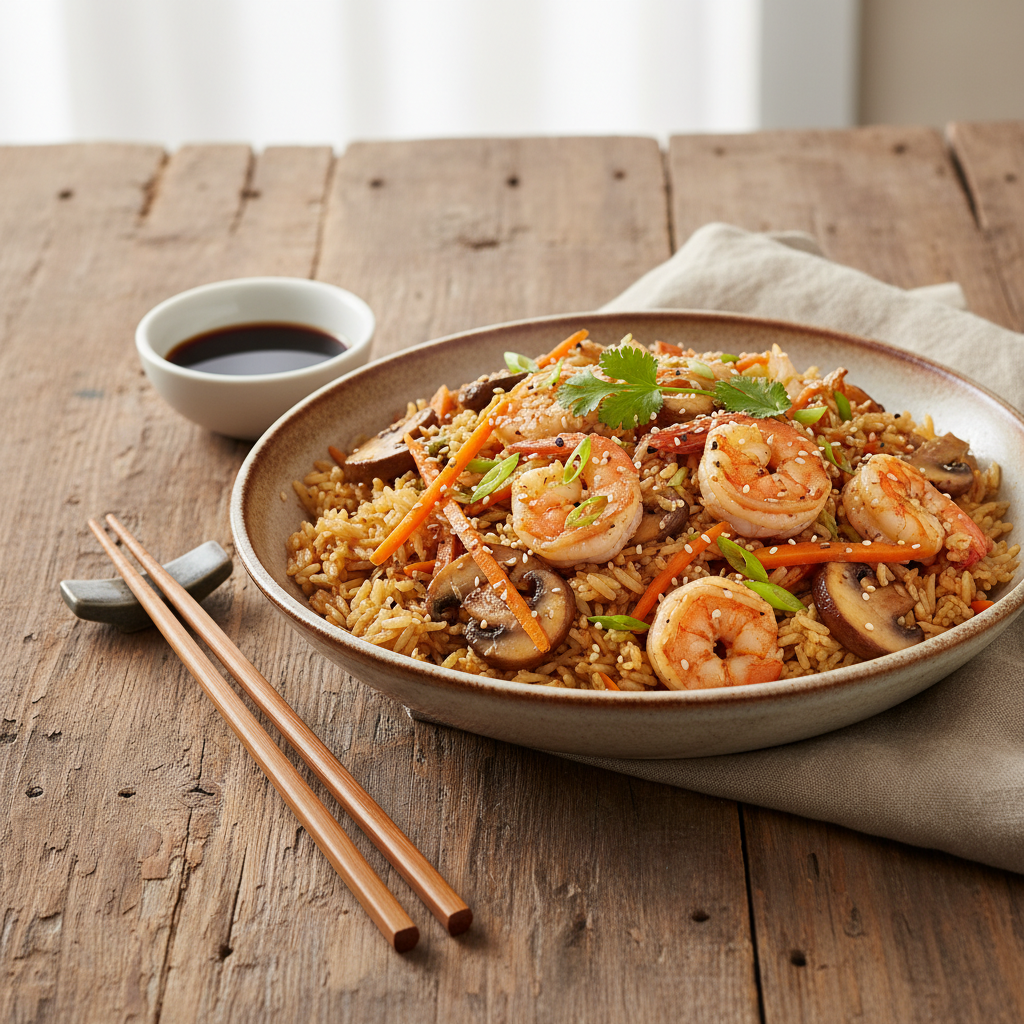 Riz sauté aux crevettes et légumes