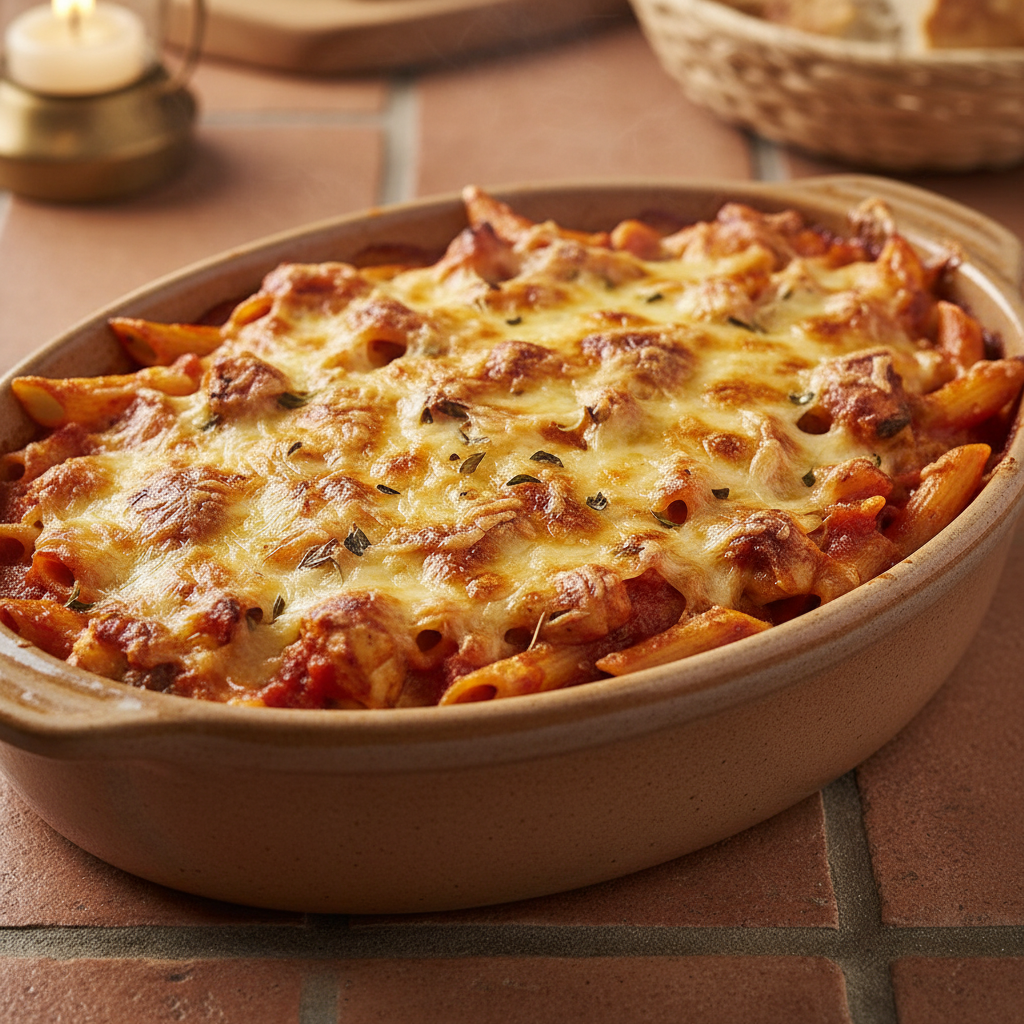 Gratin de pâtes à la tomate et poulet