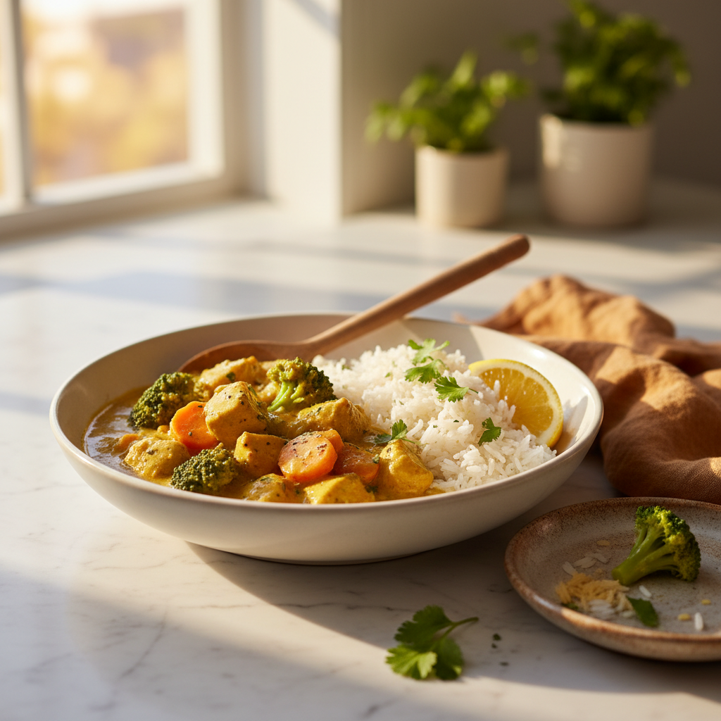 Curry de Brocoli au Poulet et Riz