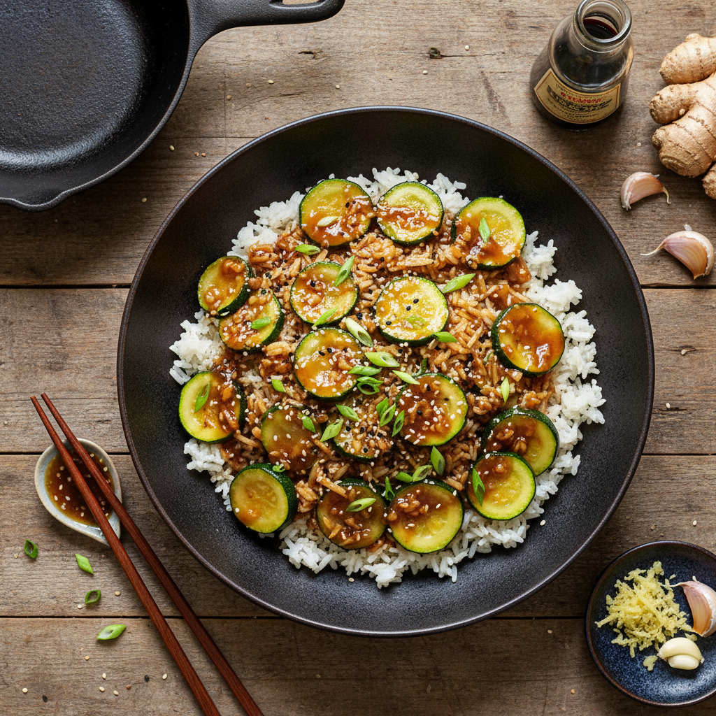 Stir-Fry de Courgette, Riz et Sauce Soja Gingembre