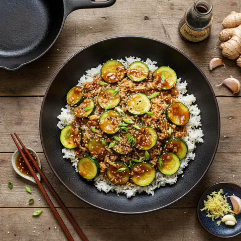 Zucchini, Rice and Ginger-Soy Sauce Stir-Fry