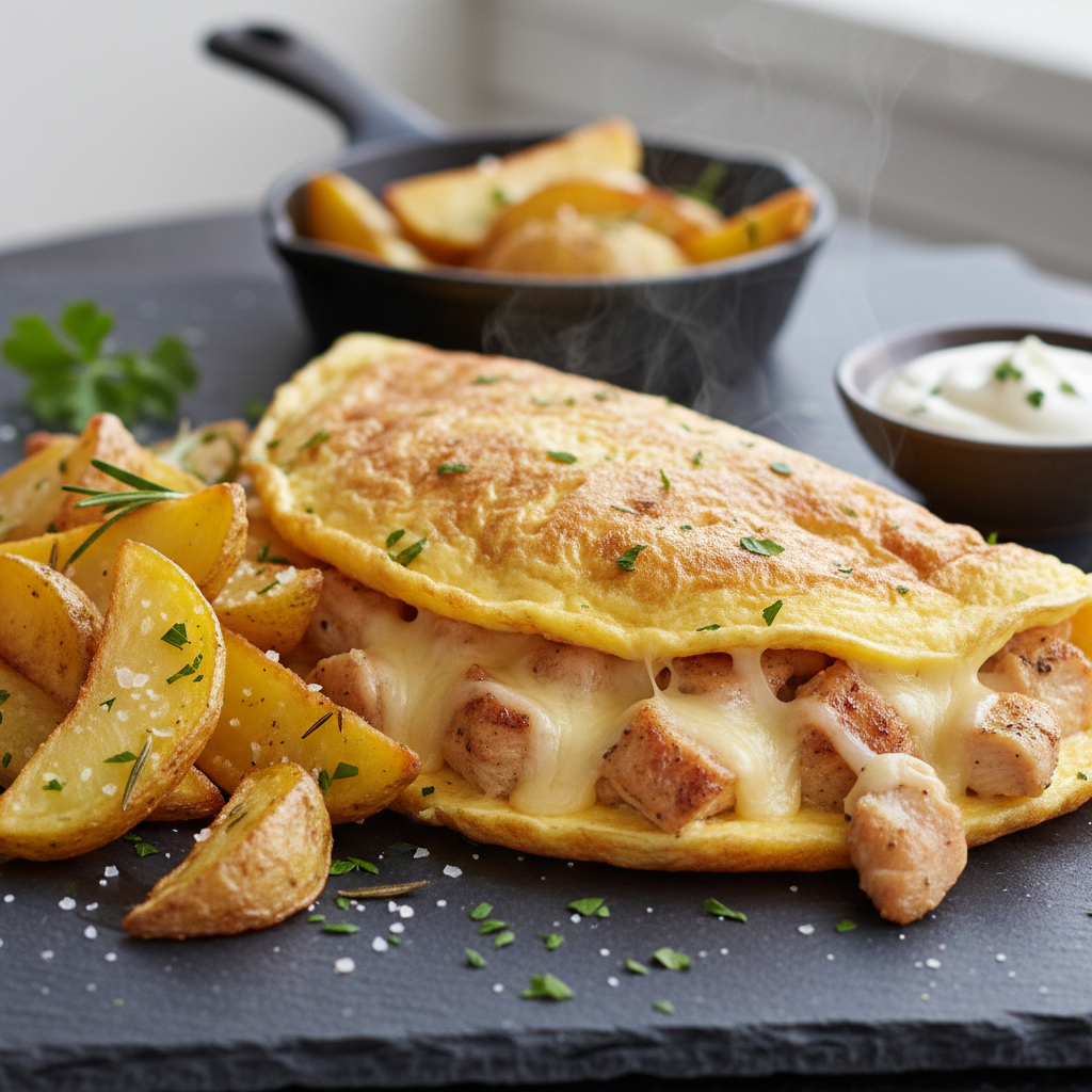 Omelette Poulet-Gruyère aux Pommes de Terre Sautées
