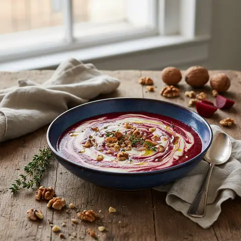 Creamy Cauliflower and Beetroot Soup with Walnuts