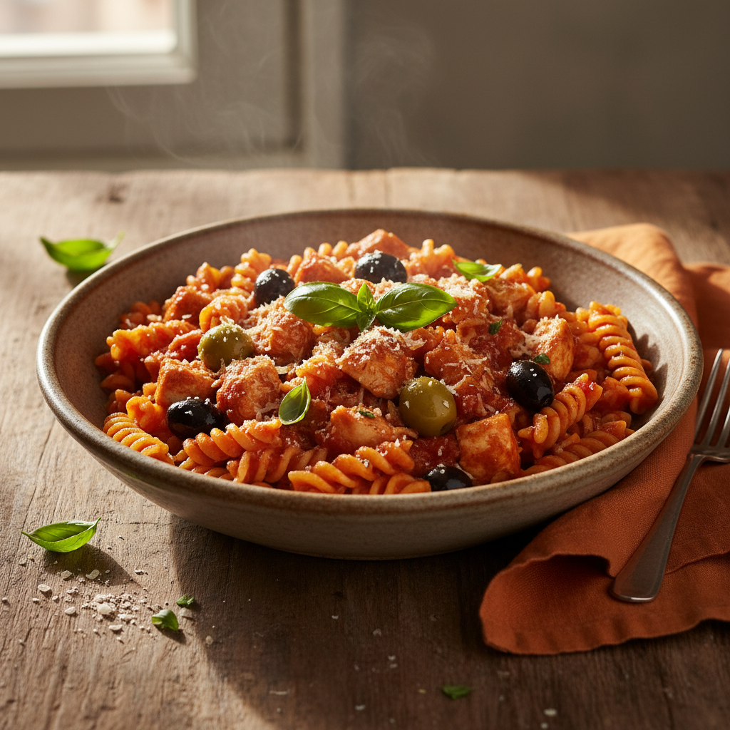 Pâtes à la Sauce Tomate Riche avec Poulet et Olives