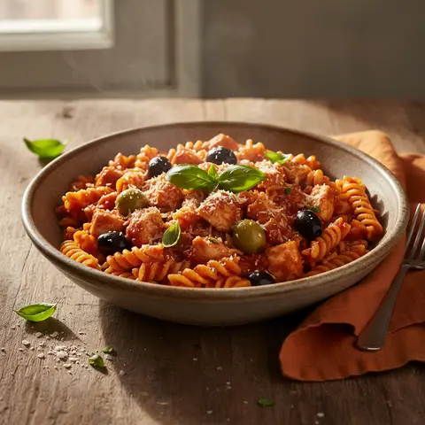 Pâtes à la Sauce Tomate Riche avec Poulet et Olives