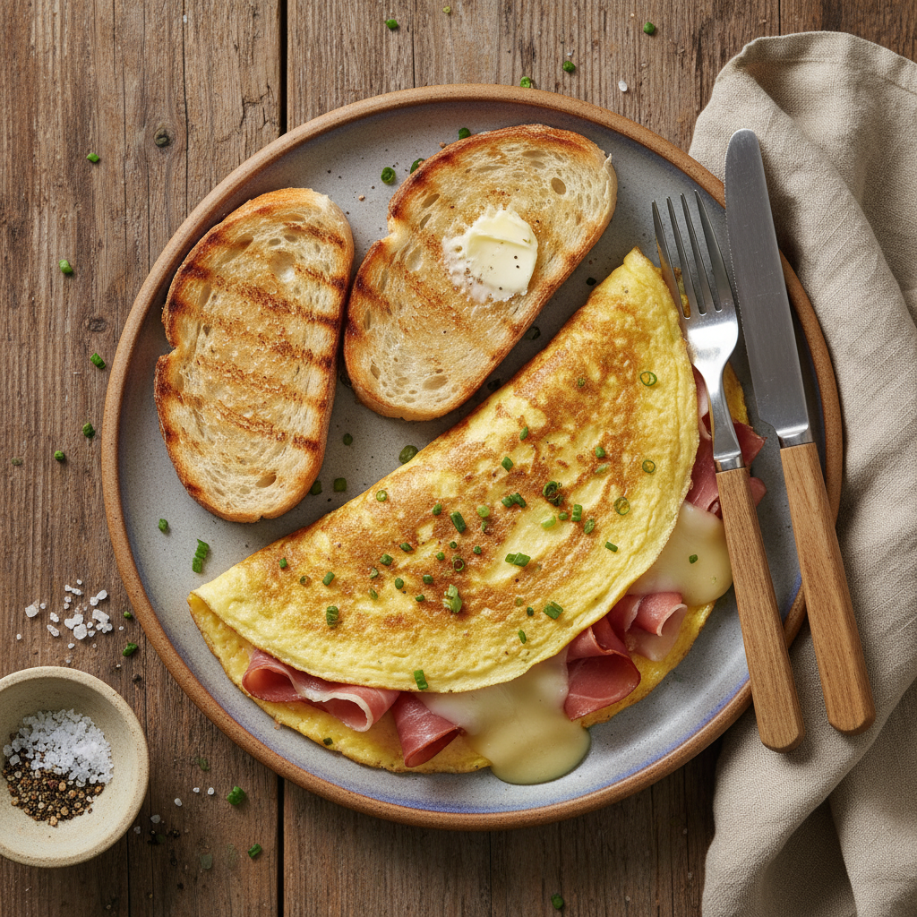 Omelette jambon-fromage et pain grillé