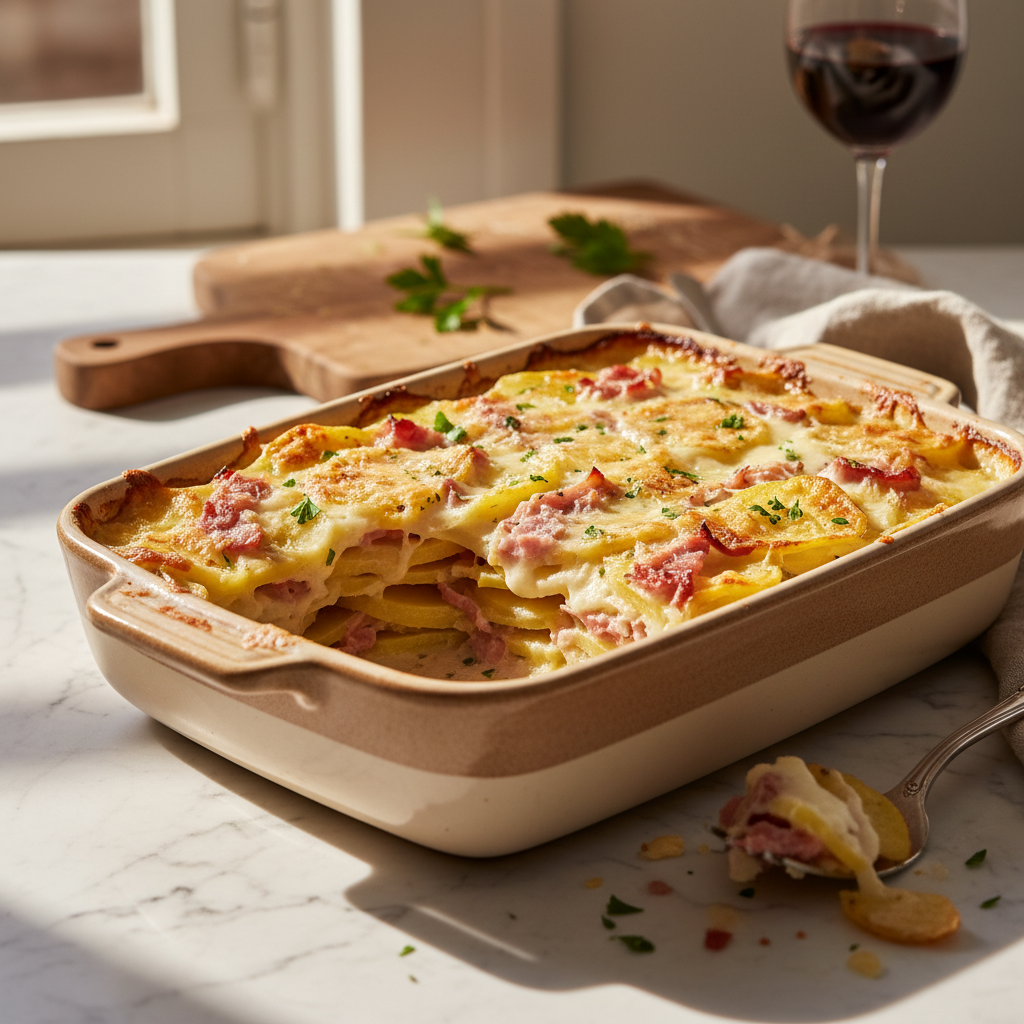 Gratin de pommes de terre, jambon et fromage