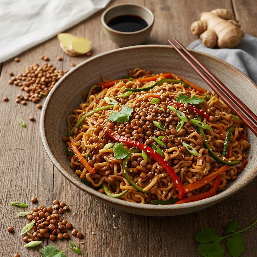 Pâtes Asiatiques Sautées aux Lentilles et Légumes