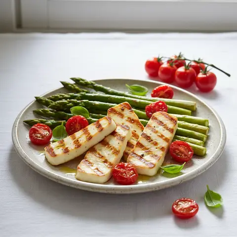 Gegrillter Halloumi mit Spargel und Cocktailtomaten