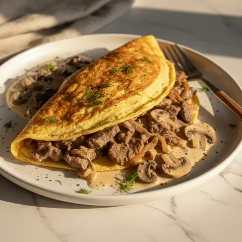 Beef Stroganoff and Mushroom Omelet Wrap