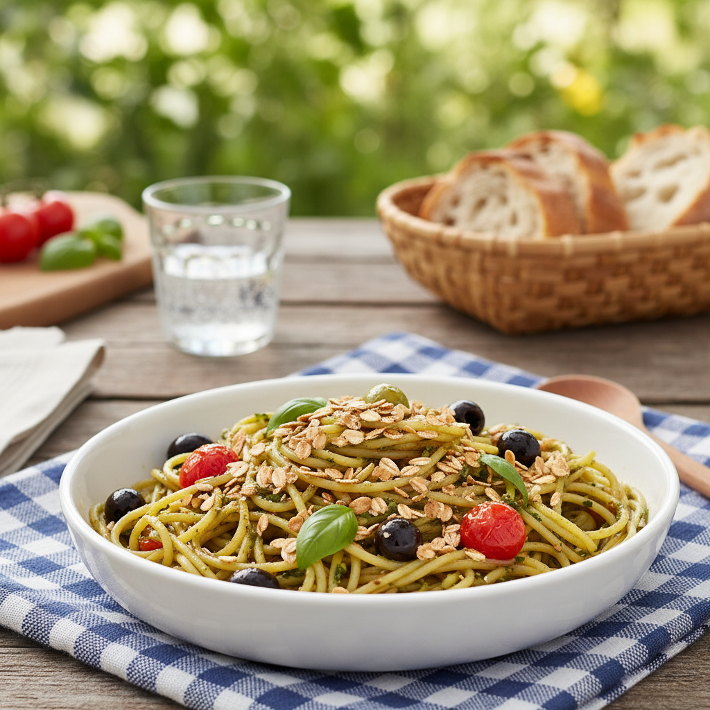 Spaghettis aux Olives et Flocons d'Avoine Croustillants