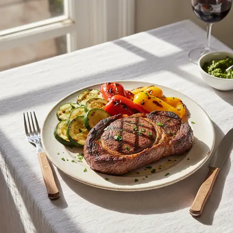 Gegrilltes Entrecôte mit Zucchini und Paprika