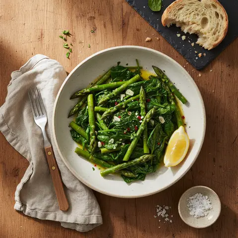 Asparagus and Spinach Pan with Garlic and Olive Oil