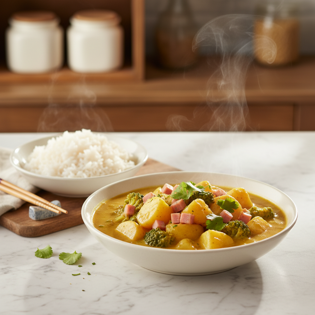 Curry de pommes de terre, brocoli et jambon
