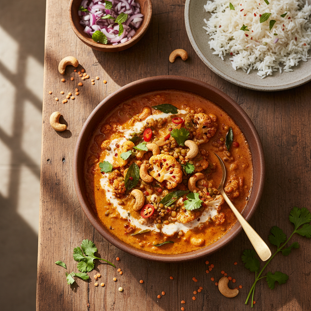 Curry Asiatique de Chou-fleur, Lentilles et Noix de Cajou