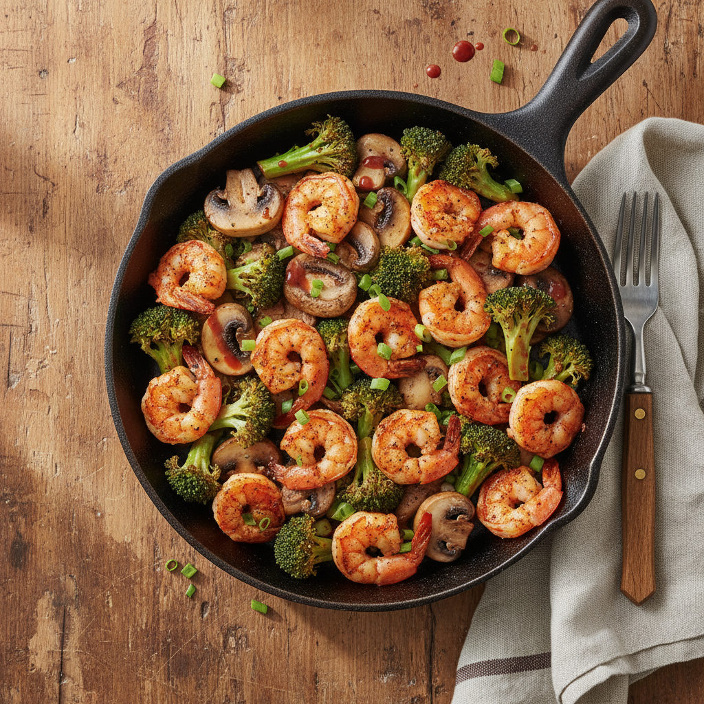 Crevettes cajun aux brocolis et champignons