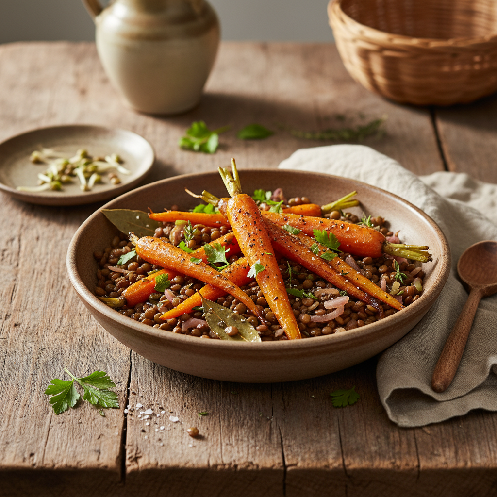 Carottes rôties et lentilles poêlées