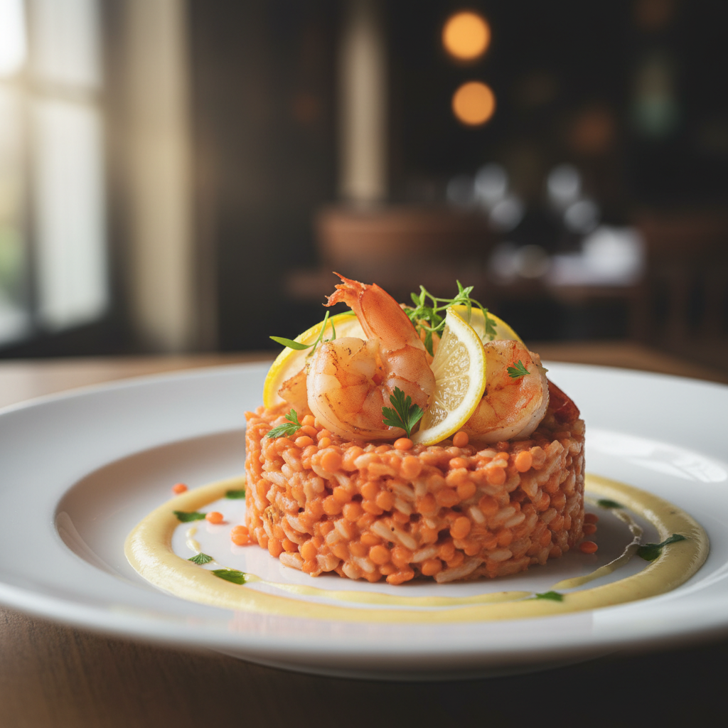 Risotto aux Lentilles Corail, Crevettes et Citron