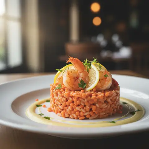 Risotto mit roten Linsen, Garnelen und Zitrone