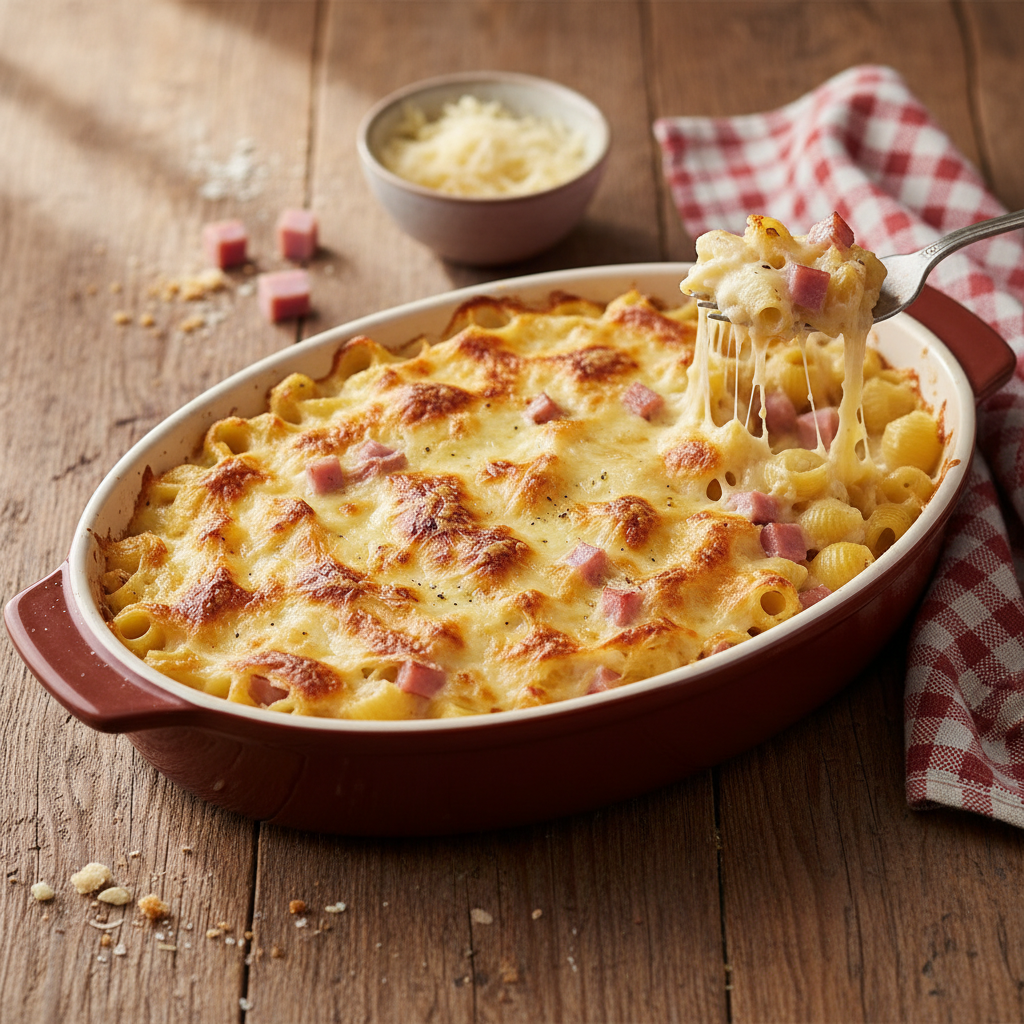 Coquillettes gratinées au jambon et gruyère