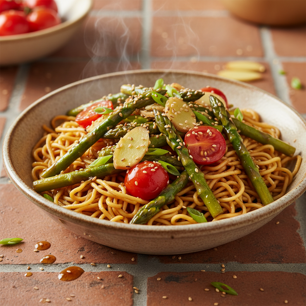 Stir-fry Asperges Tomate avec Nouilles (sauce soja-gingembre)