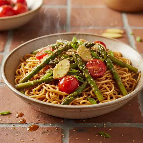 Gemüse-Stir-Fry mit Spargel und Tomaten an Nudeln (Soja-Ingwer-Sauce)
