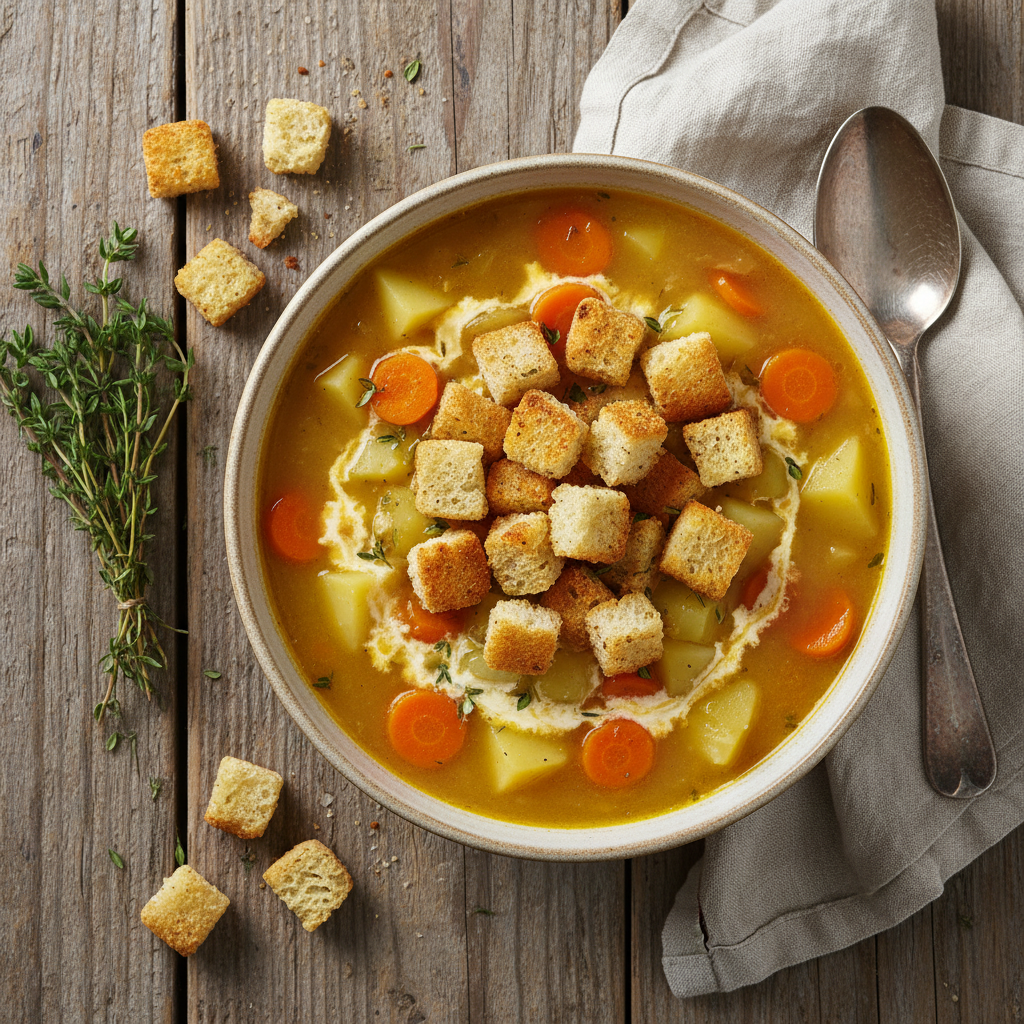 Soupe de pommes de terre, carottes et croûtons