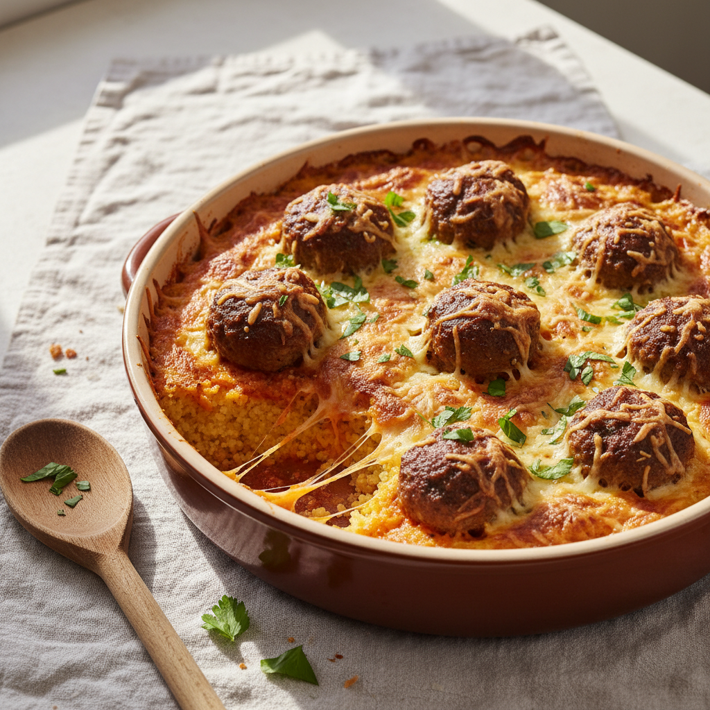 Boulettes de Viande Hachée à la Tomate et Semoule Gratinée