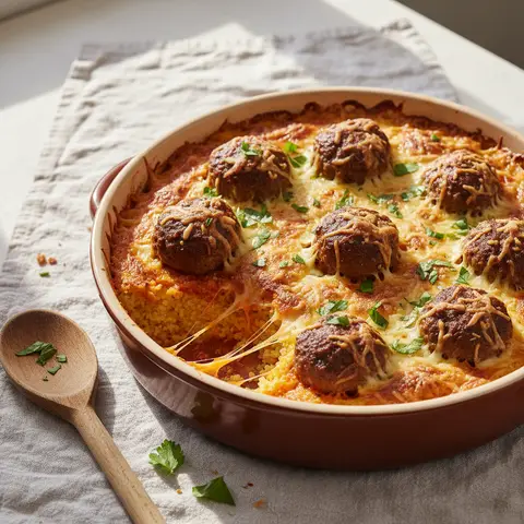 Hackfleischbällchen in Tomatensoße mit gratiniertem Grieß