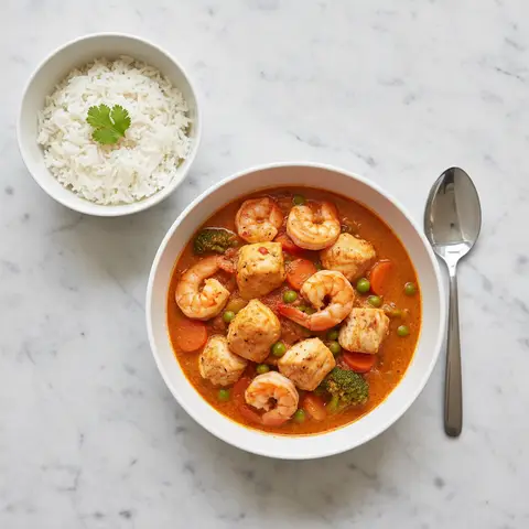 Curry mit Garnelen und Fisch mit Gemüse