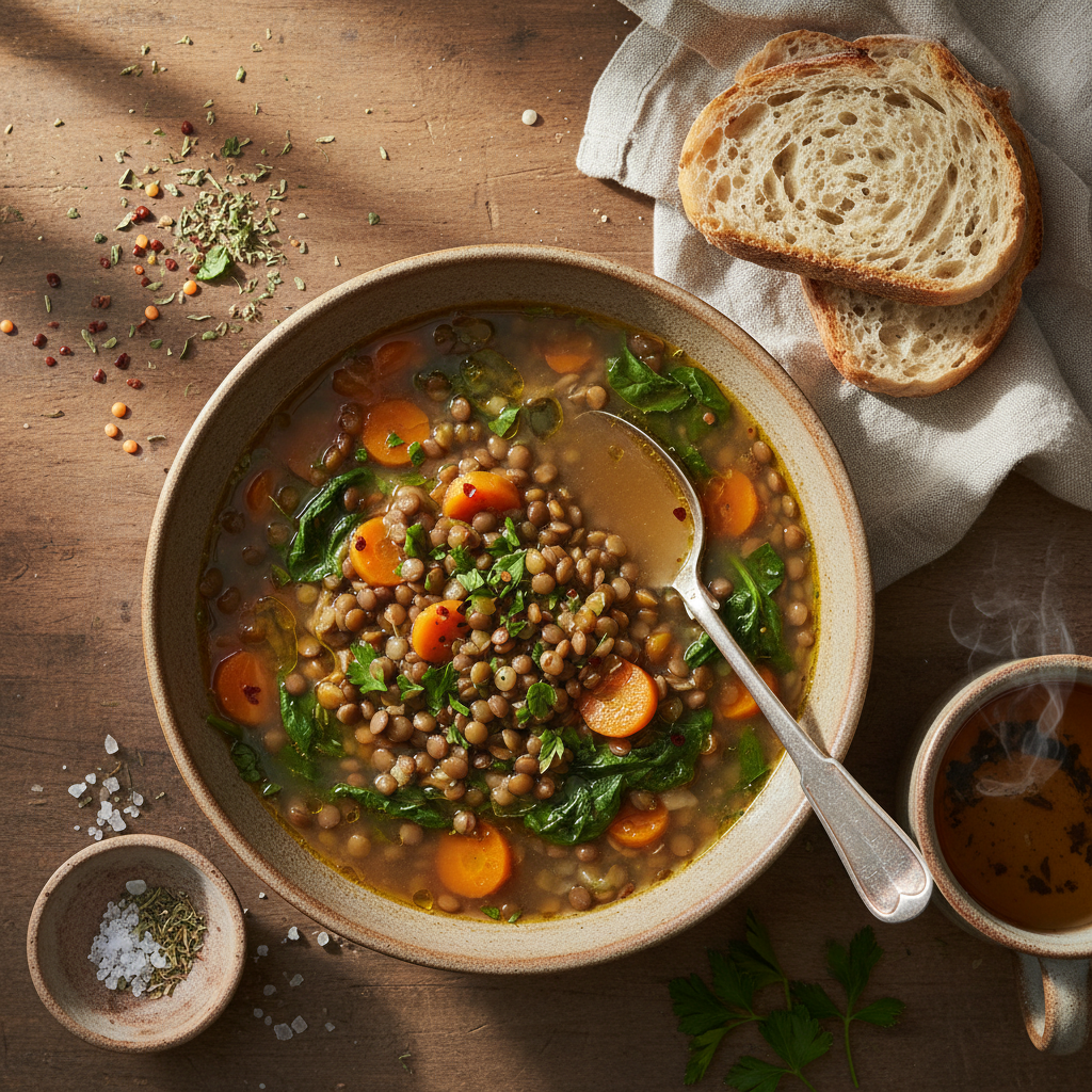 Soupe de lentilles aux carottes et épinards