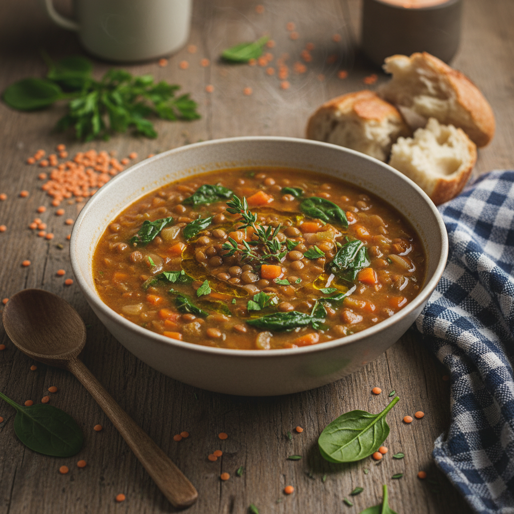 Soupe de lentilles et épinards