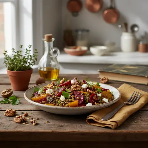 Warm Beet and Lentil Salad with Walnuts