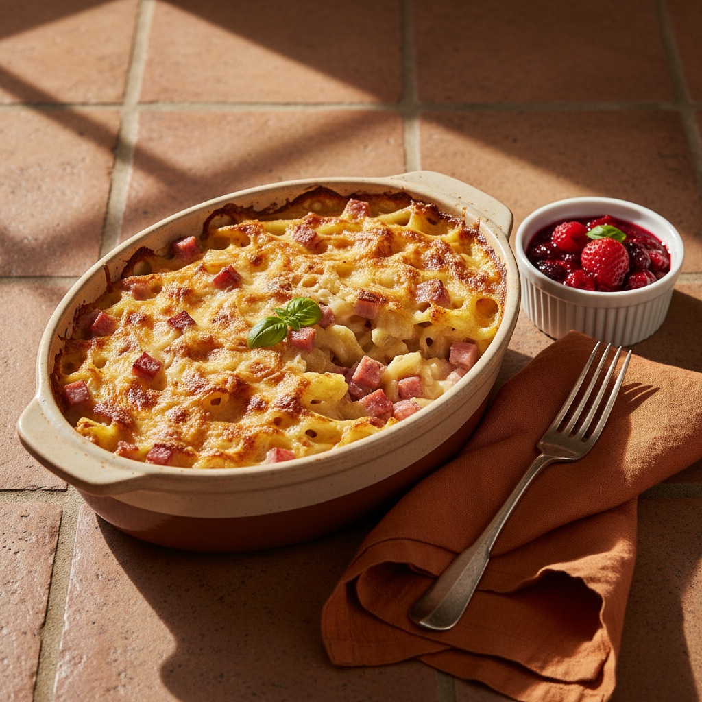 Gratin de Pâtes au Jambon et Compotée de Fruits Rouges