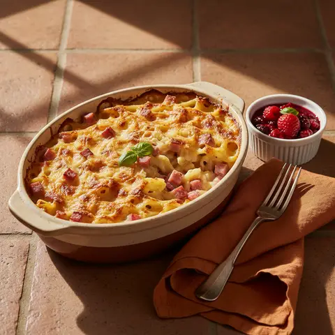 Pasta Gratin with Ham and Red Fruit Compote