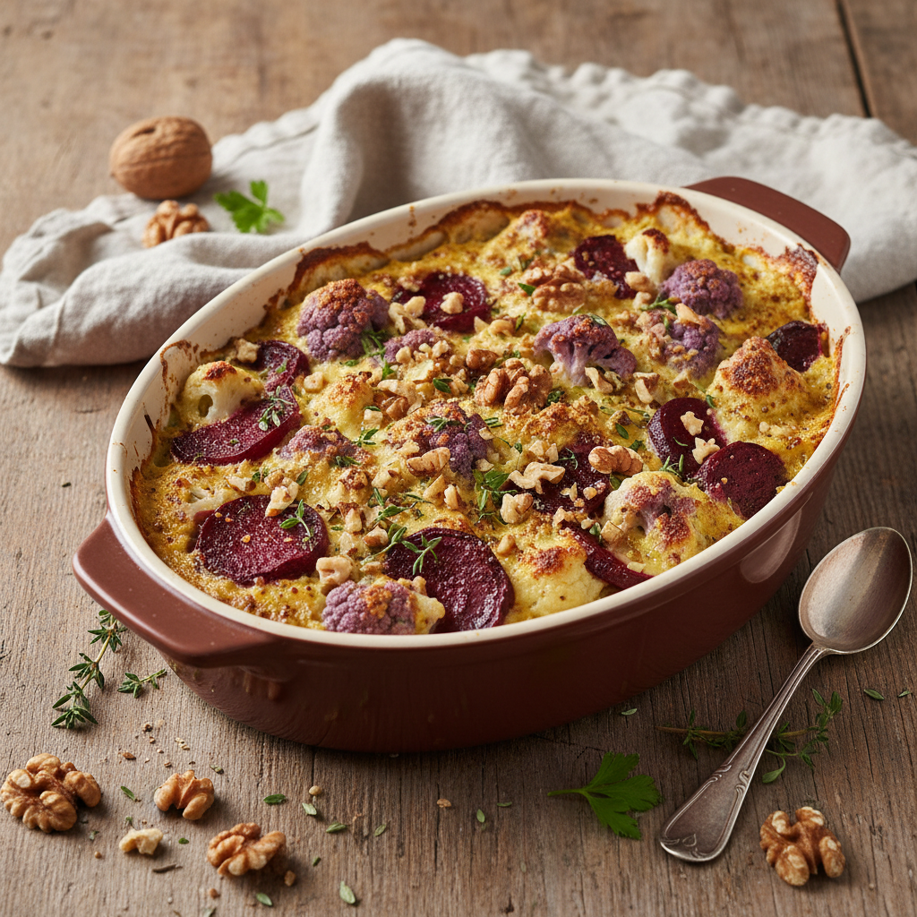 Gratin de Chou-fleur et Betterave aux Noix
