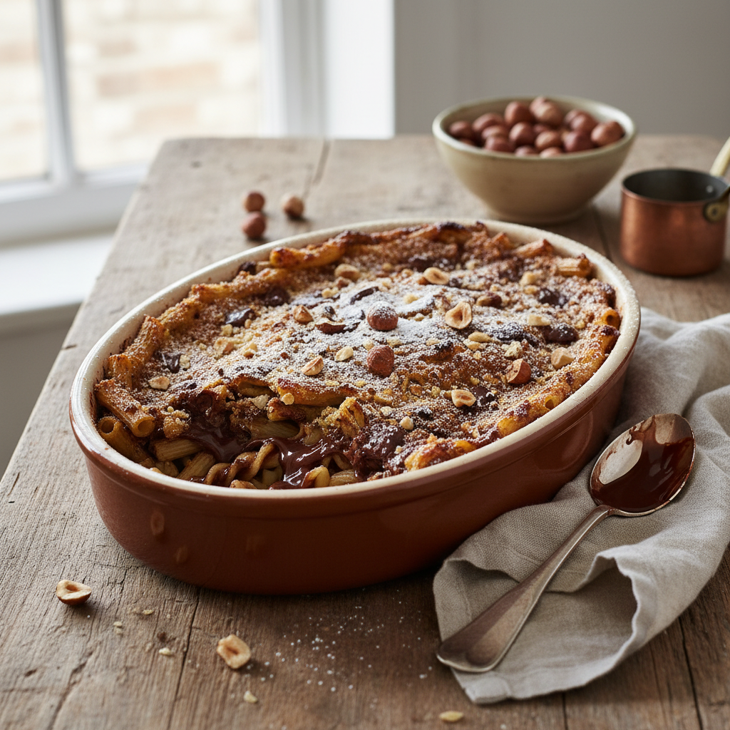 Gratin de Pâtes au Chocolat et Noisettes (Dessert)