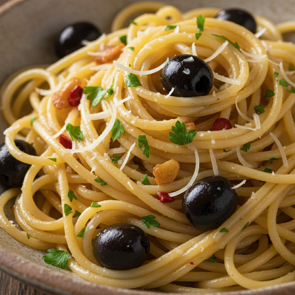 Spaghettis Aglio e Olio avec Olives